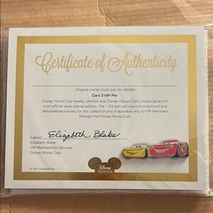 Disney Gold and Red Cars 3 Certificate